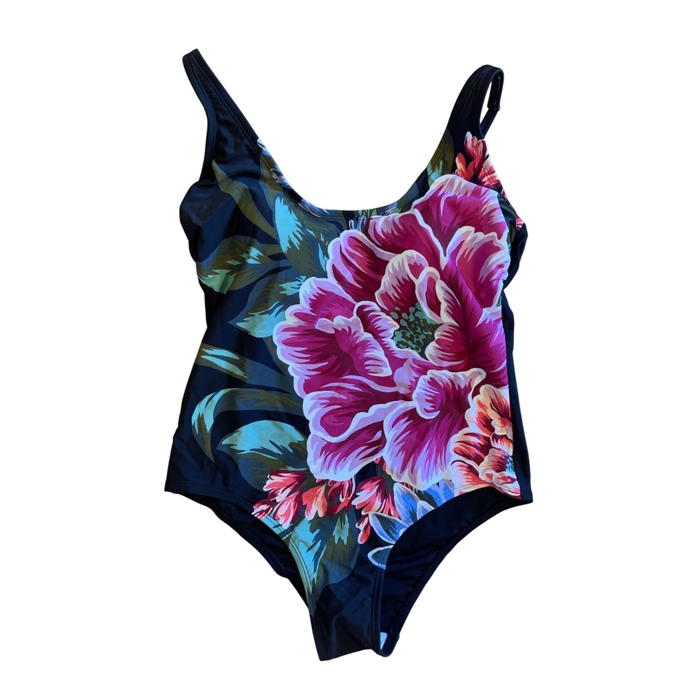 NEW Kona Sol Resortwear Floral One Piece Swimsuit Black Pink Med Coverage Large